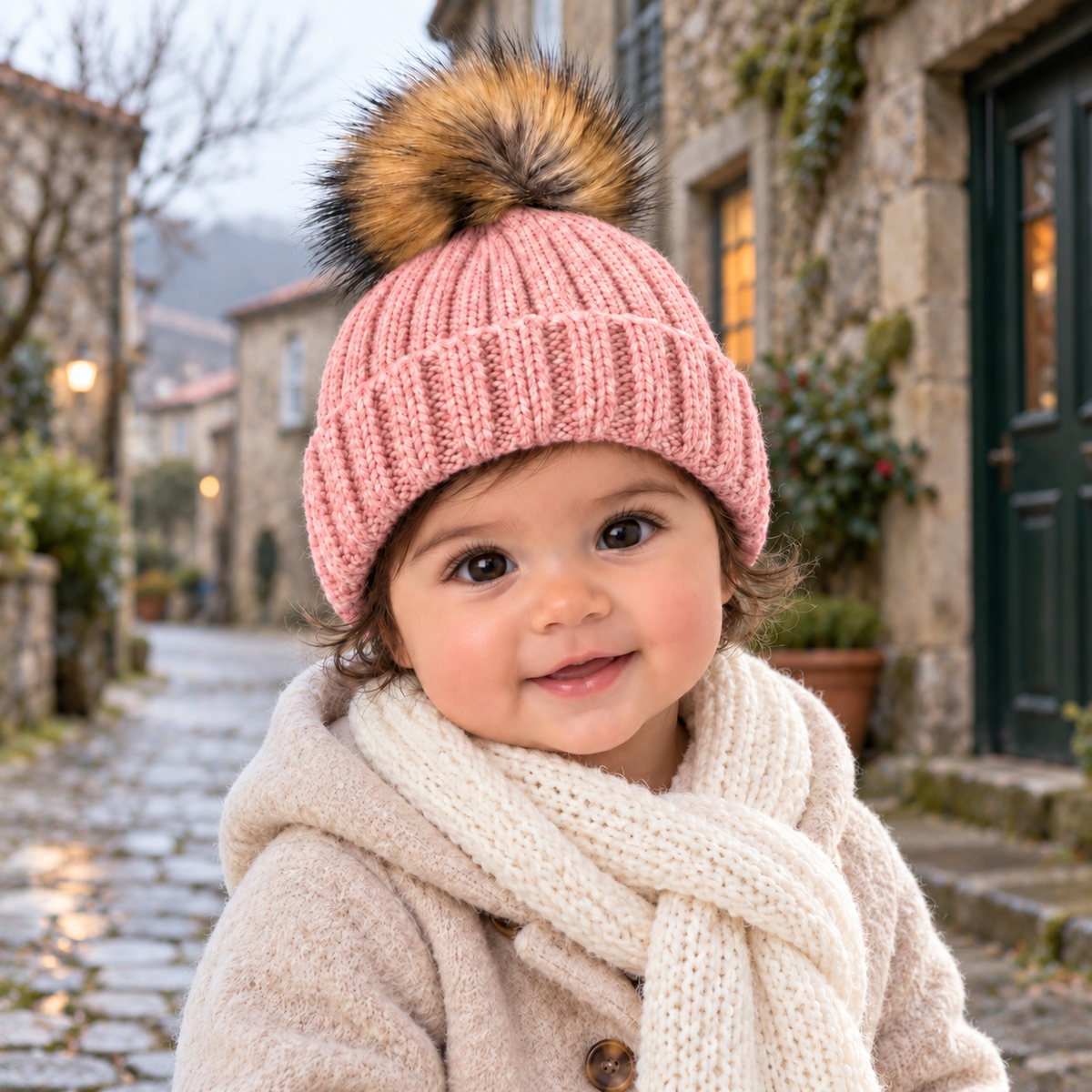 Gorro rosa bebe con pelo natural