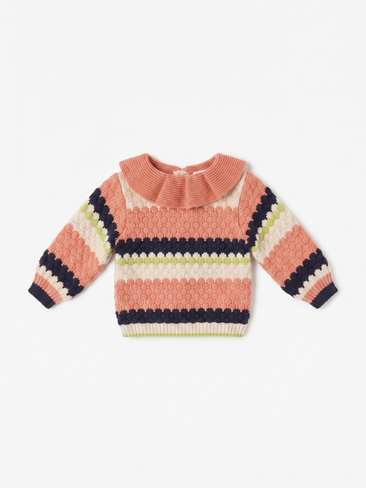 Jersey de punto a rayas con cuello de volante y botón trasero, bebé niña.