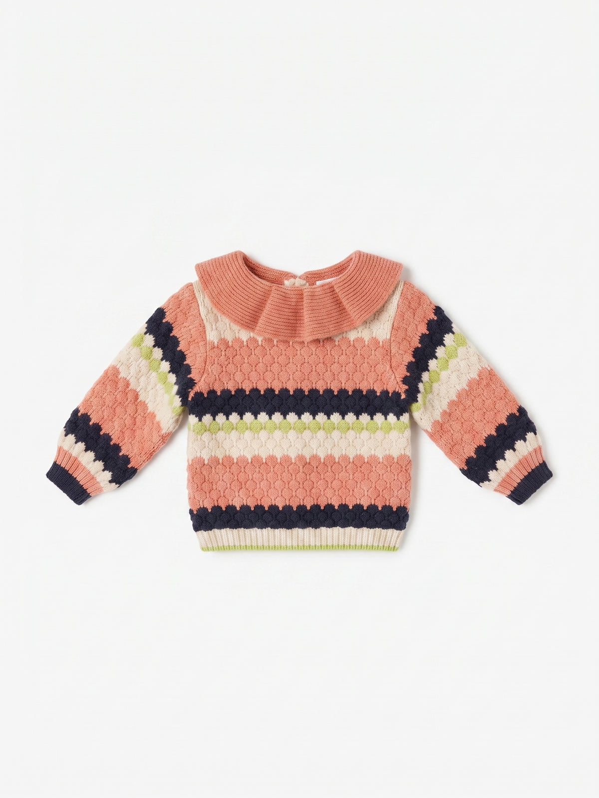 Jersey de punto a rayas con cuello de volante y botón trasero, bebé niña.