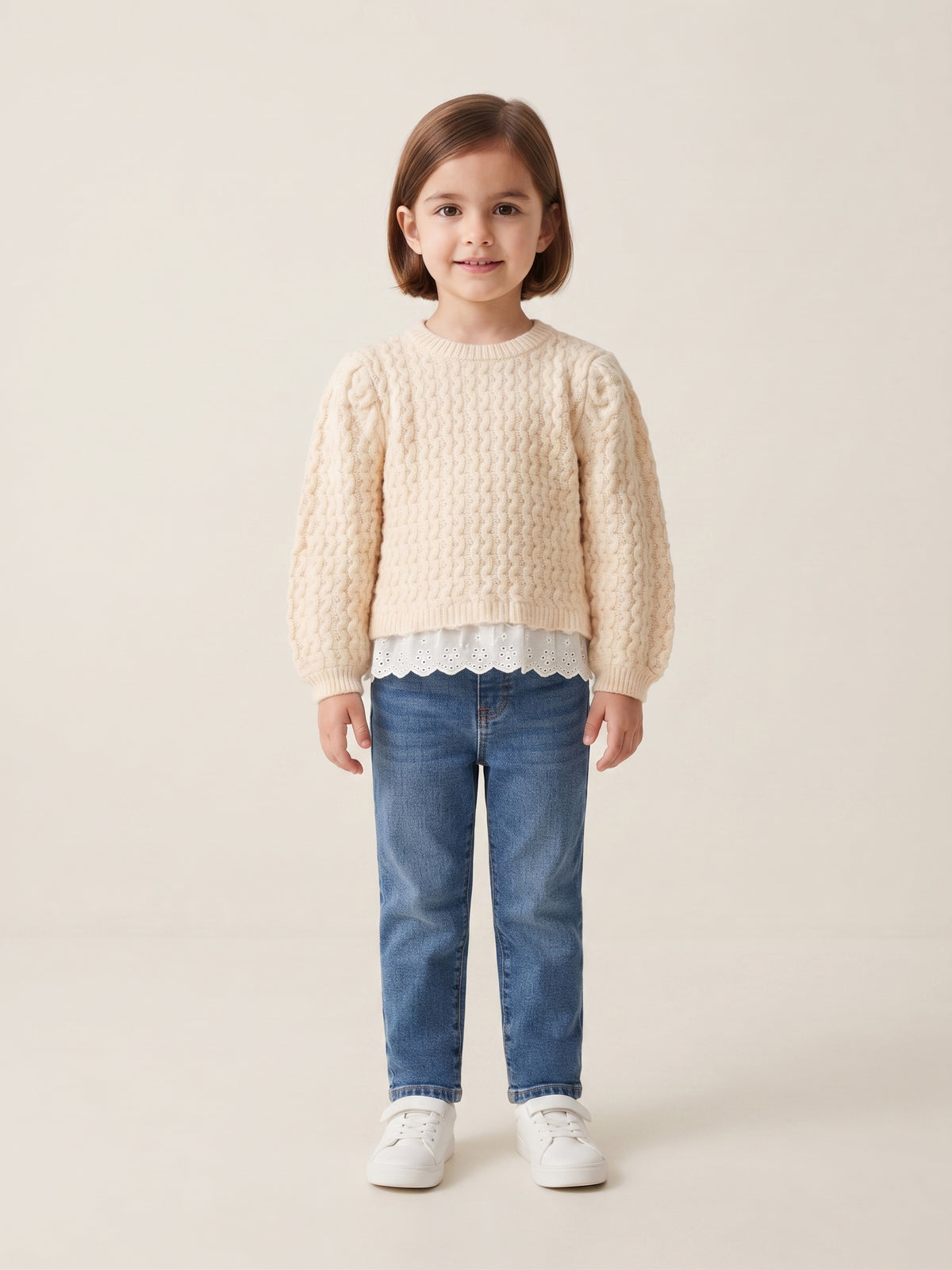Jersey de punto de ochos con bajo de encaje y cuello redondo, niña.