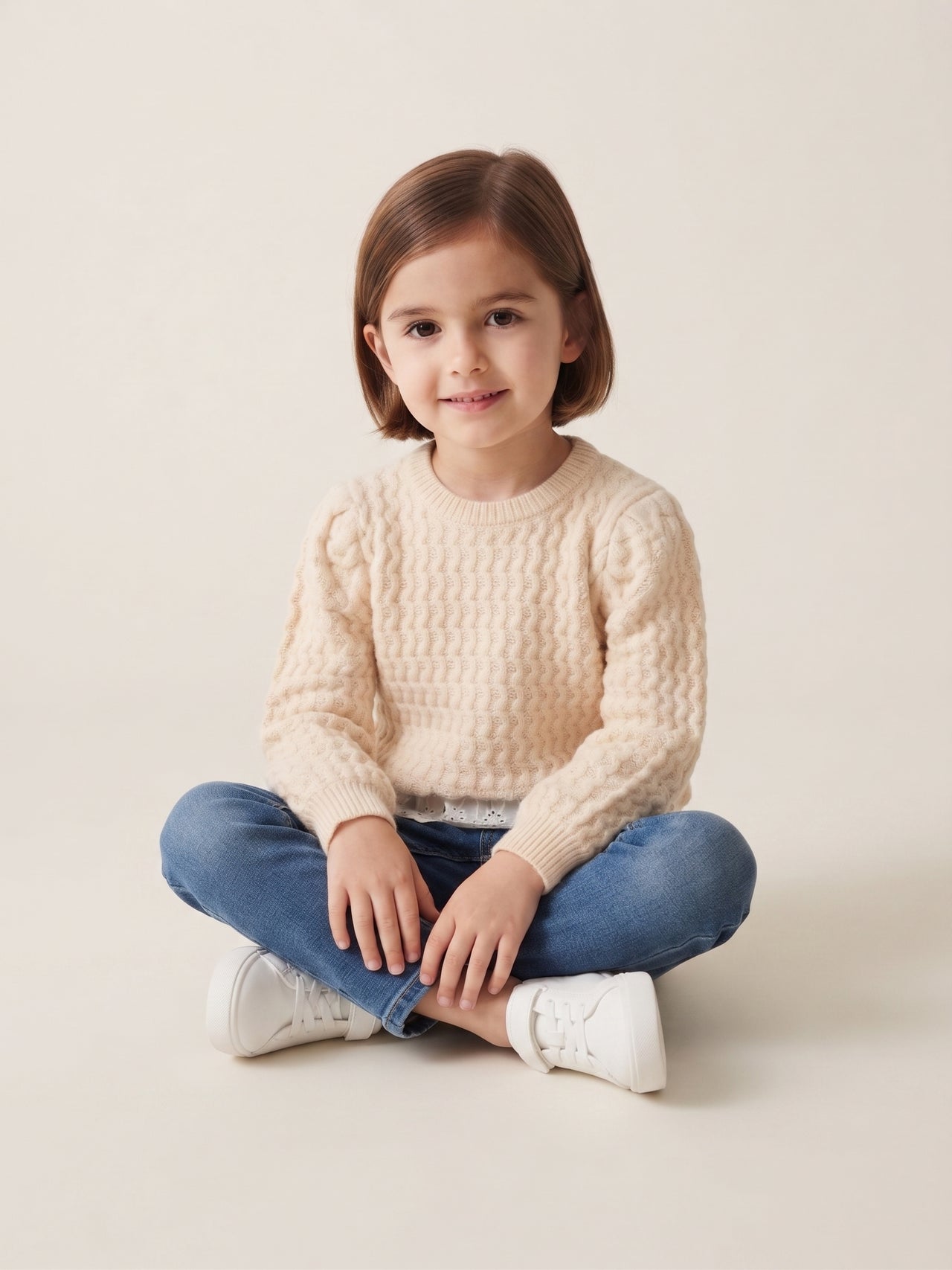 Jersey de punto de ochos con bajo de encaje y cuello redondo, niña.