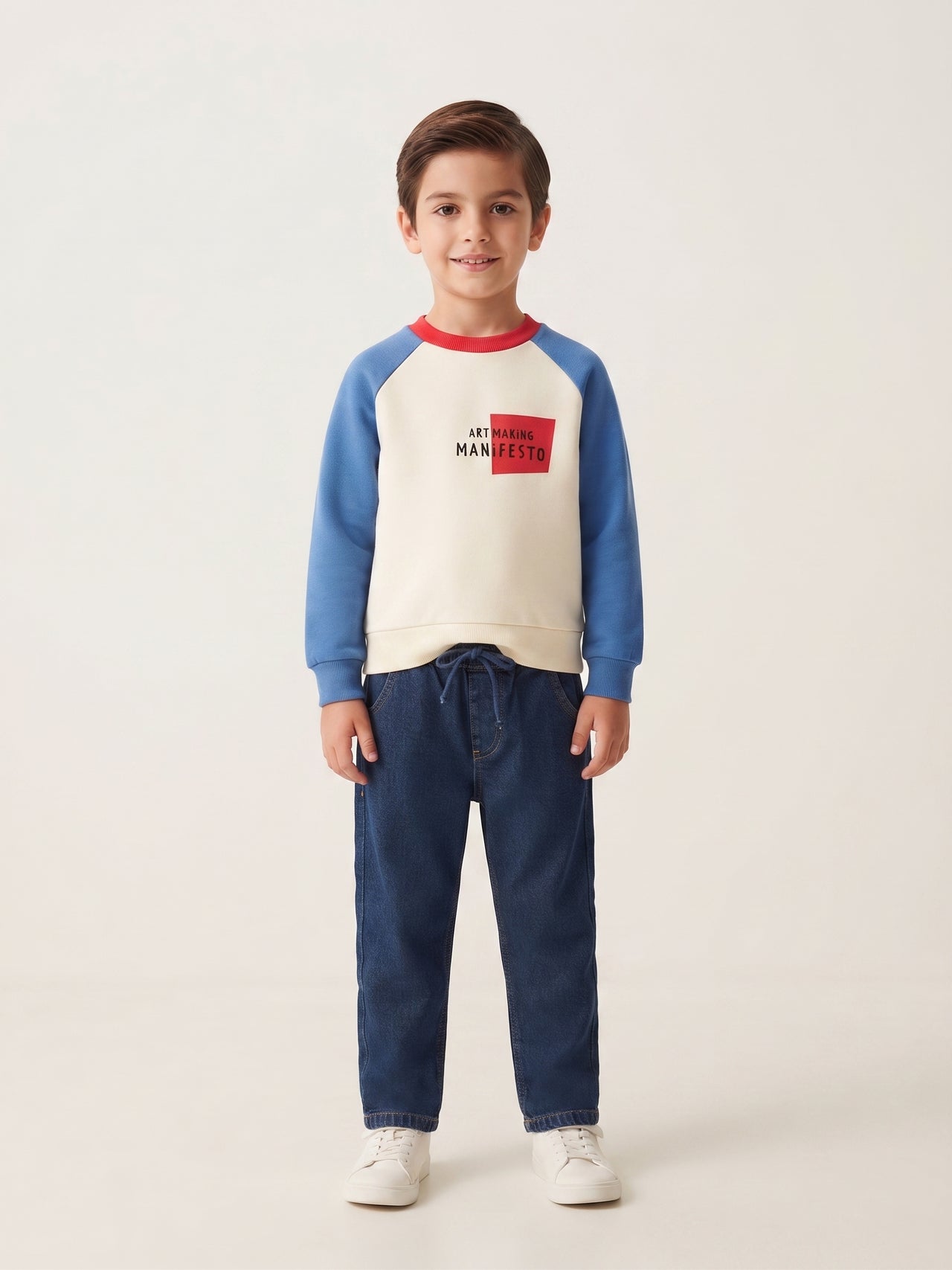 Sudadera sin capucha de felpa, cuello redondo tricolor, niño.