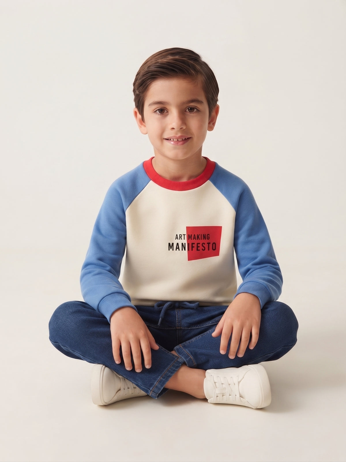 Sudadera sin capucha de felpa, cuello redondo tricolor, niño.