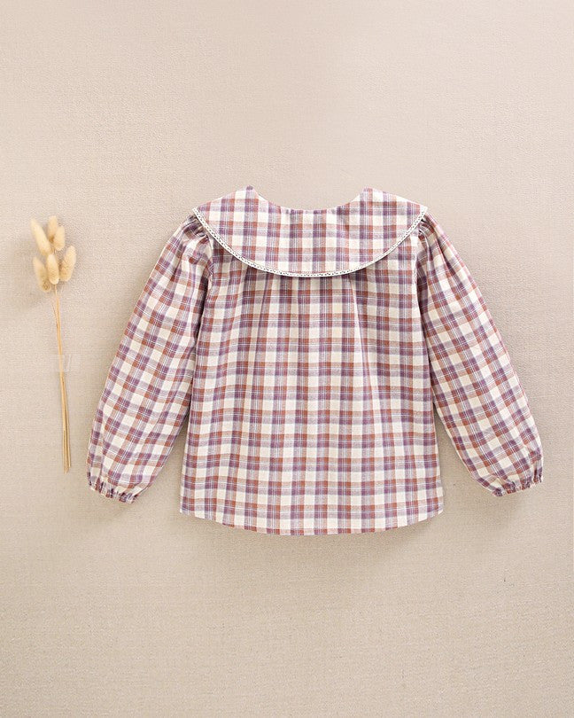 Blusa De Niña De Cuadros Beige, Morado Y Teja