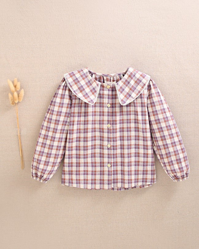 Blusa De Niña De Cuadros Beige, Morado Y Teja
