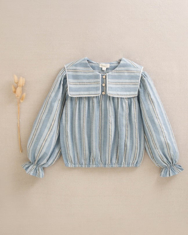 Blusa De Niña De Rayas Azules Y Doradas Con Cuello Cuadrado
