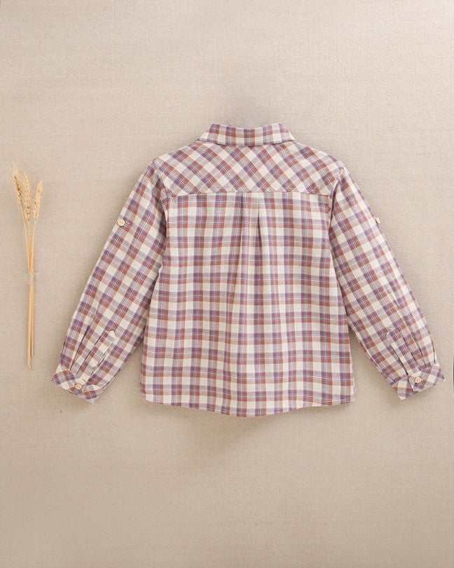 Camisa De Niño De Cuadros En Beige, Morado Y Teja