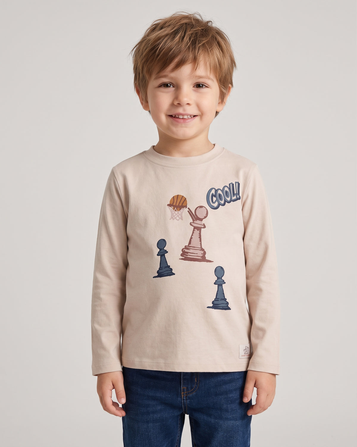 Camiseta manga larga estampado frontal, beige niño