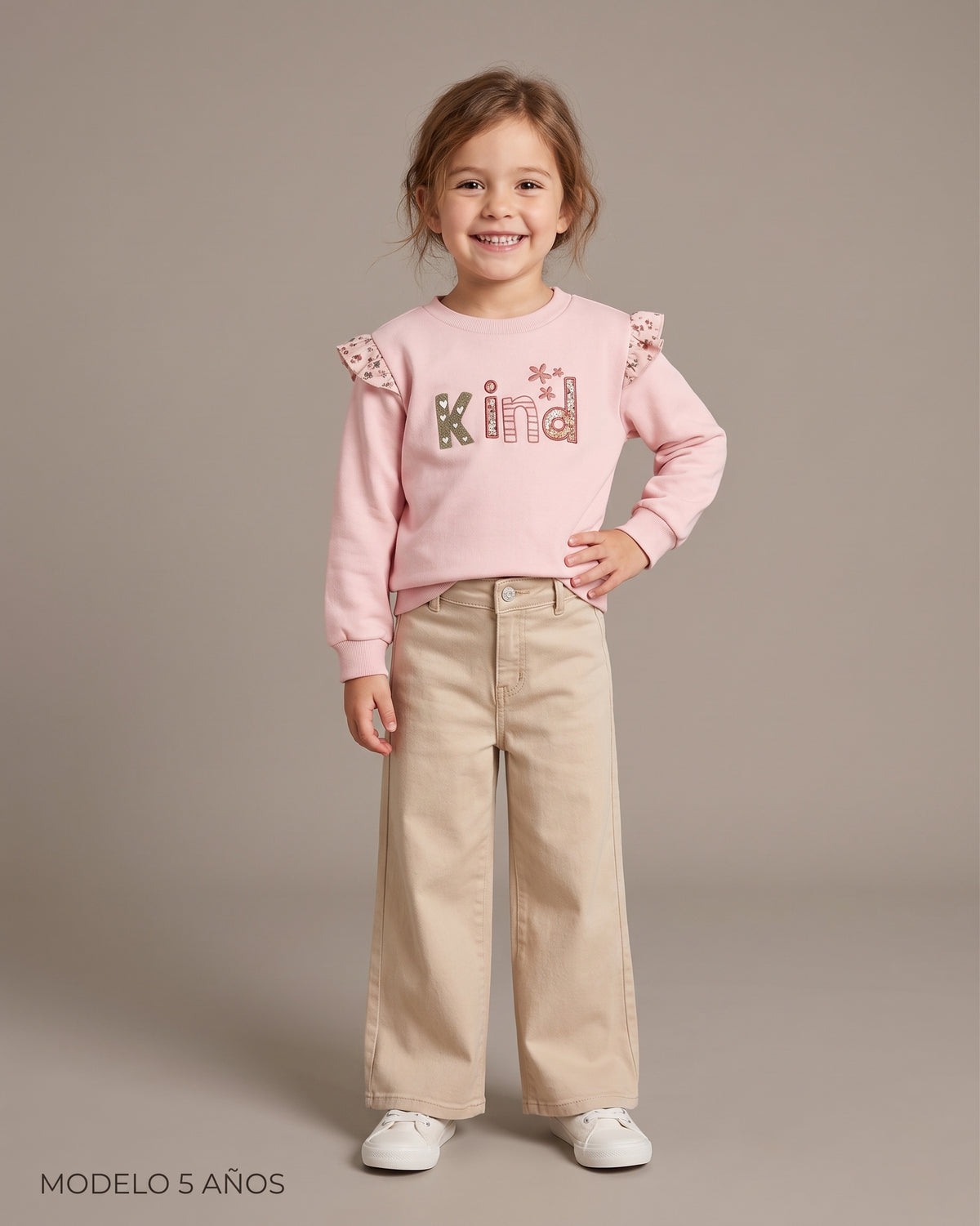 Pantalón corte recto y ancho beige niña