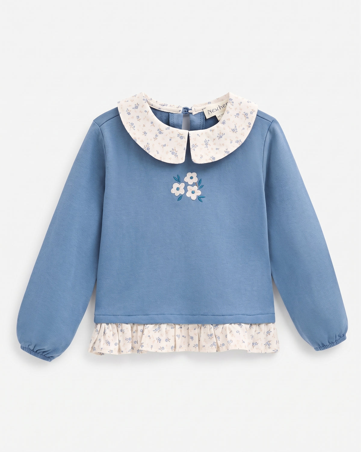 Sudadera cuello babero y volante inferior azul niña.
