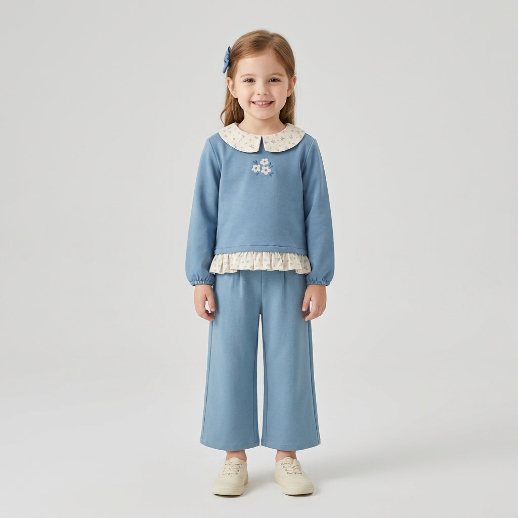 Pantalón corte recto y ancho felpa azul niña.