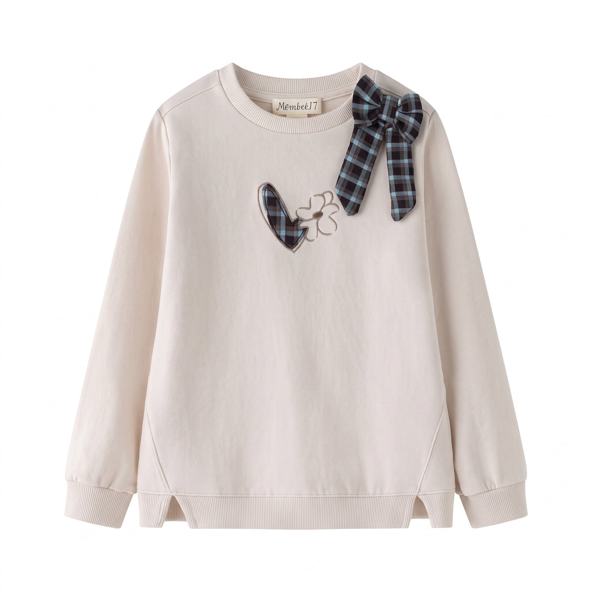 Sudadera con detalle lazo cuadros, beige niña.