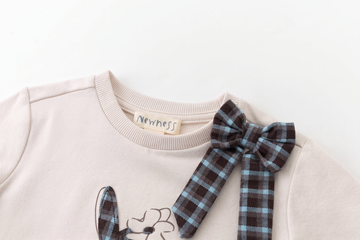 Sudadera con detalle lazo cuadros, beige niña.