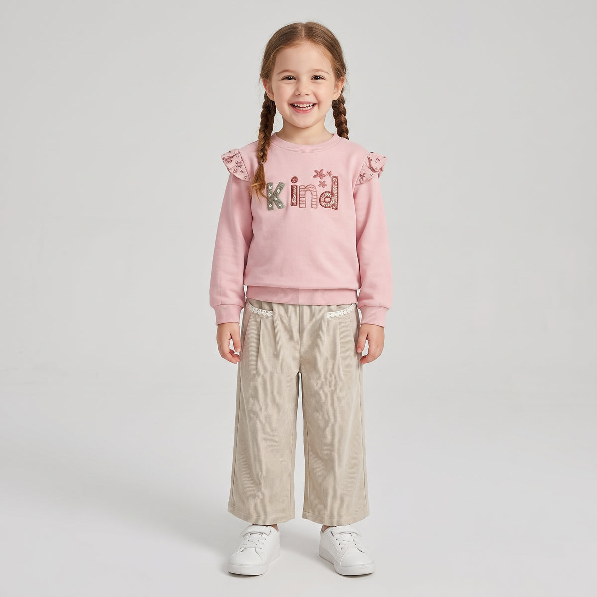 Pantalón coret recto y ancho micropana puntilla bolsillos beige niña