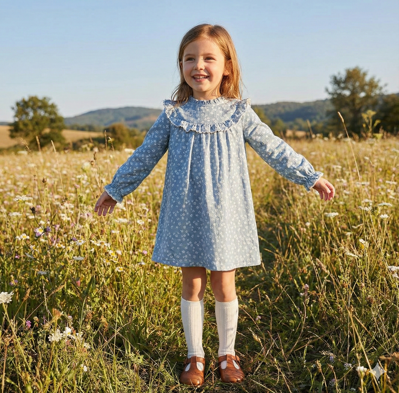 Vestido Manga Larga Con Volante a Tono y Cuello Fino