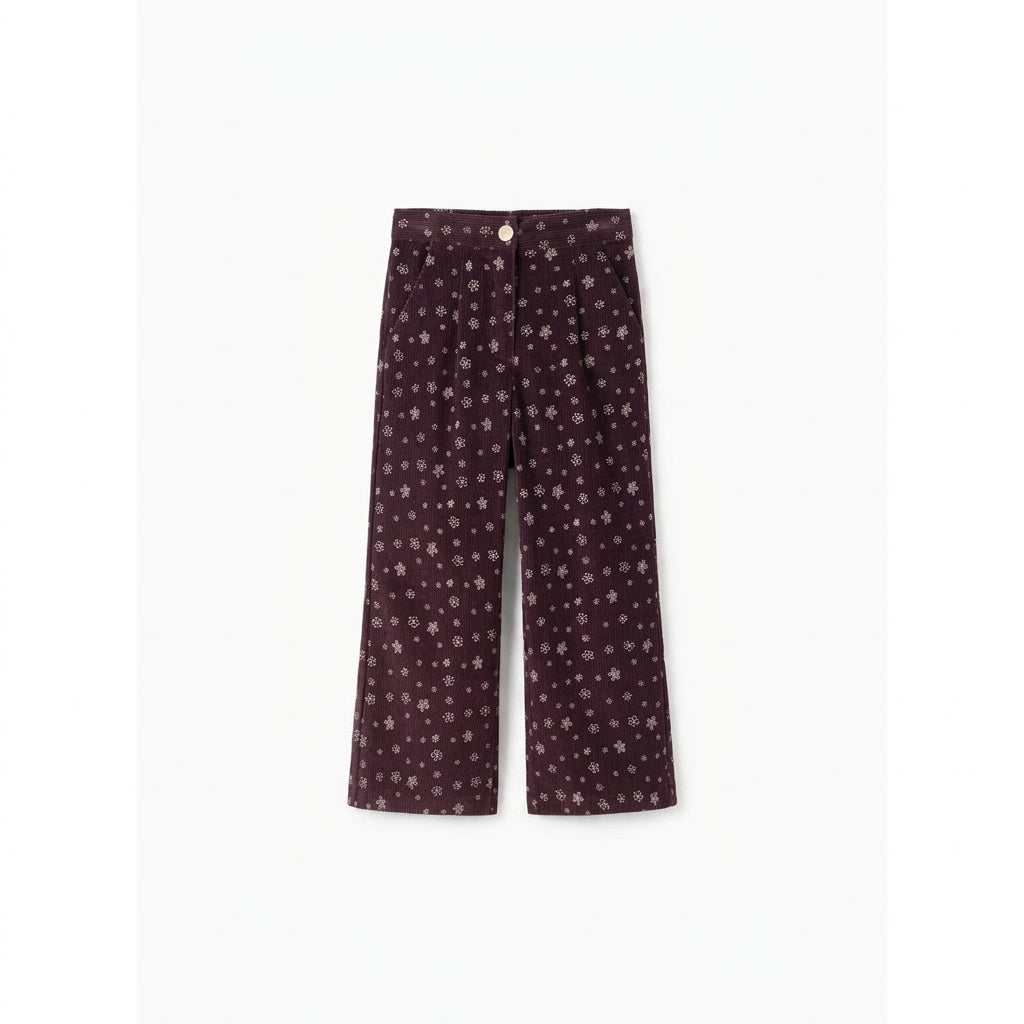 Pantalón corte recto y ancho micropana flores burdeos.