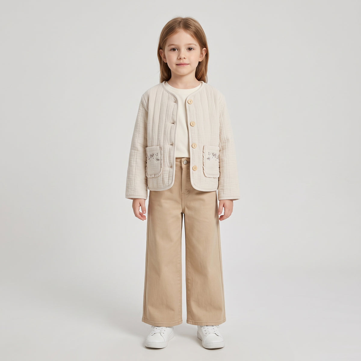 Chaqueta acolchada  beige bolsillos frontales con flores, niña