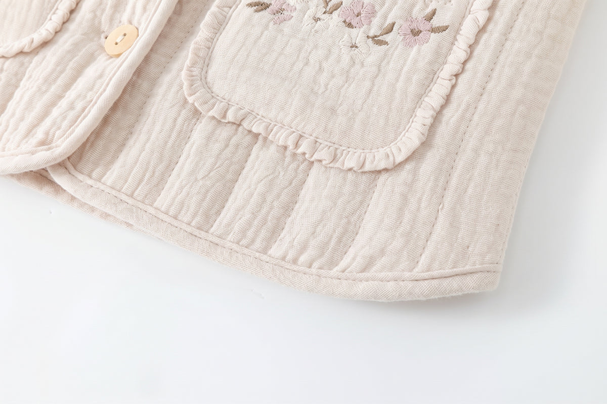 Chaqueta acolchada  beige bolsillos frontales con flores, niña