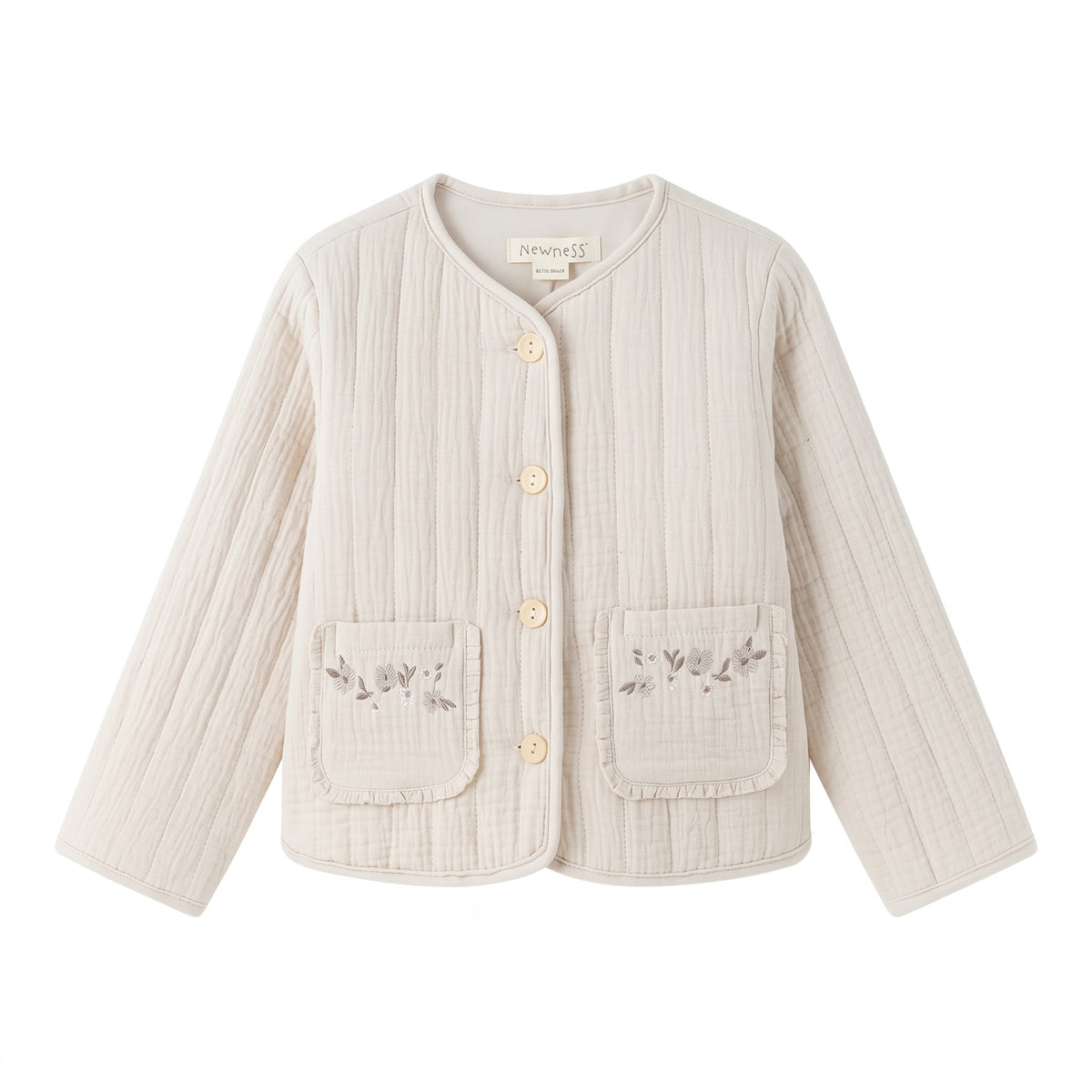 Chaqueta acolchada  beige bolsillos frontales con flores, niña
