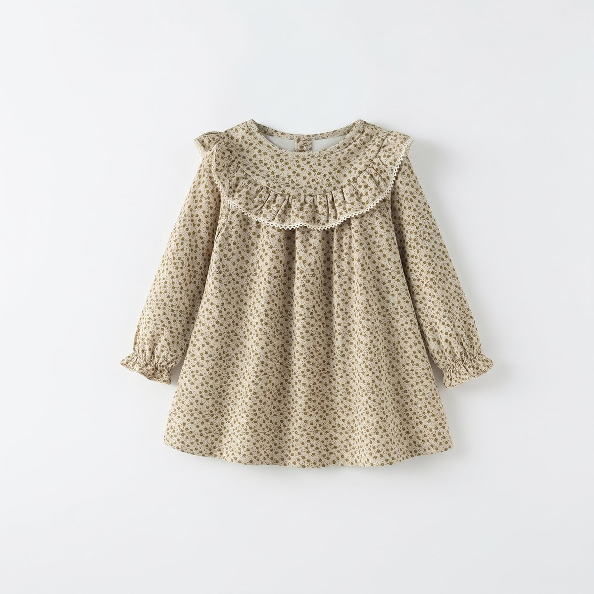 Vestido manga larga cuello volante flores bebé y niña