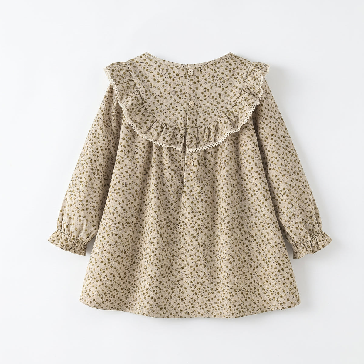 Vestido manga larga cuello volante flores bebé y niña