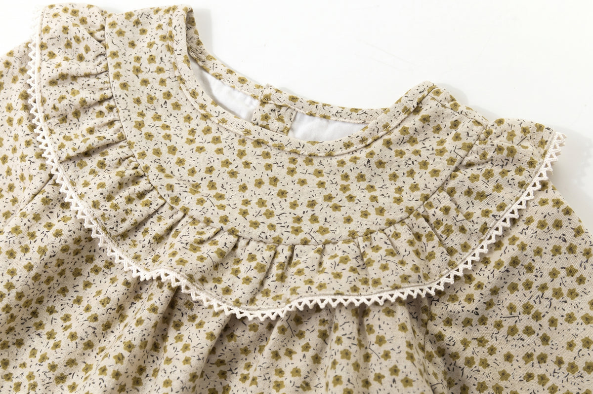 Vestido manga larga cuello volante flores bebé y niña