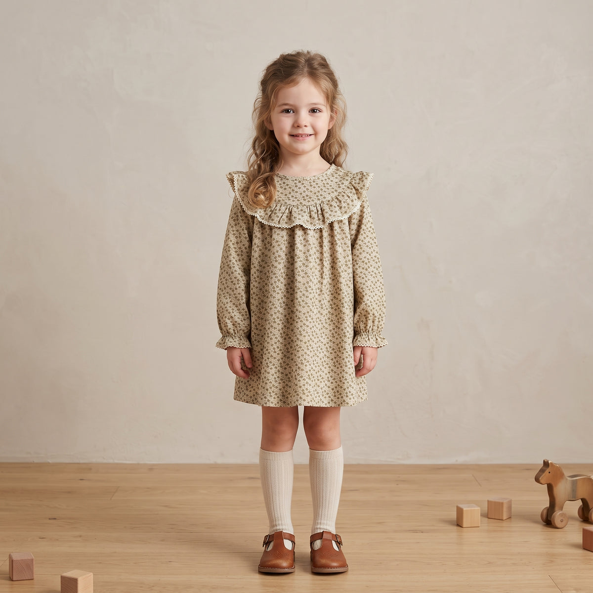 Vestido manga larga cuello volante flores bebé y niña