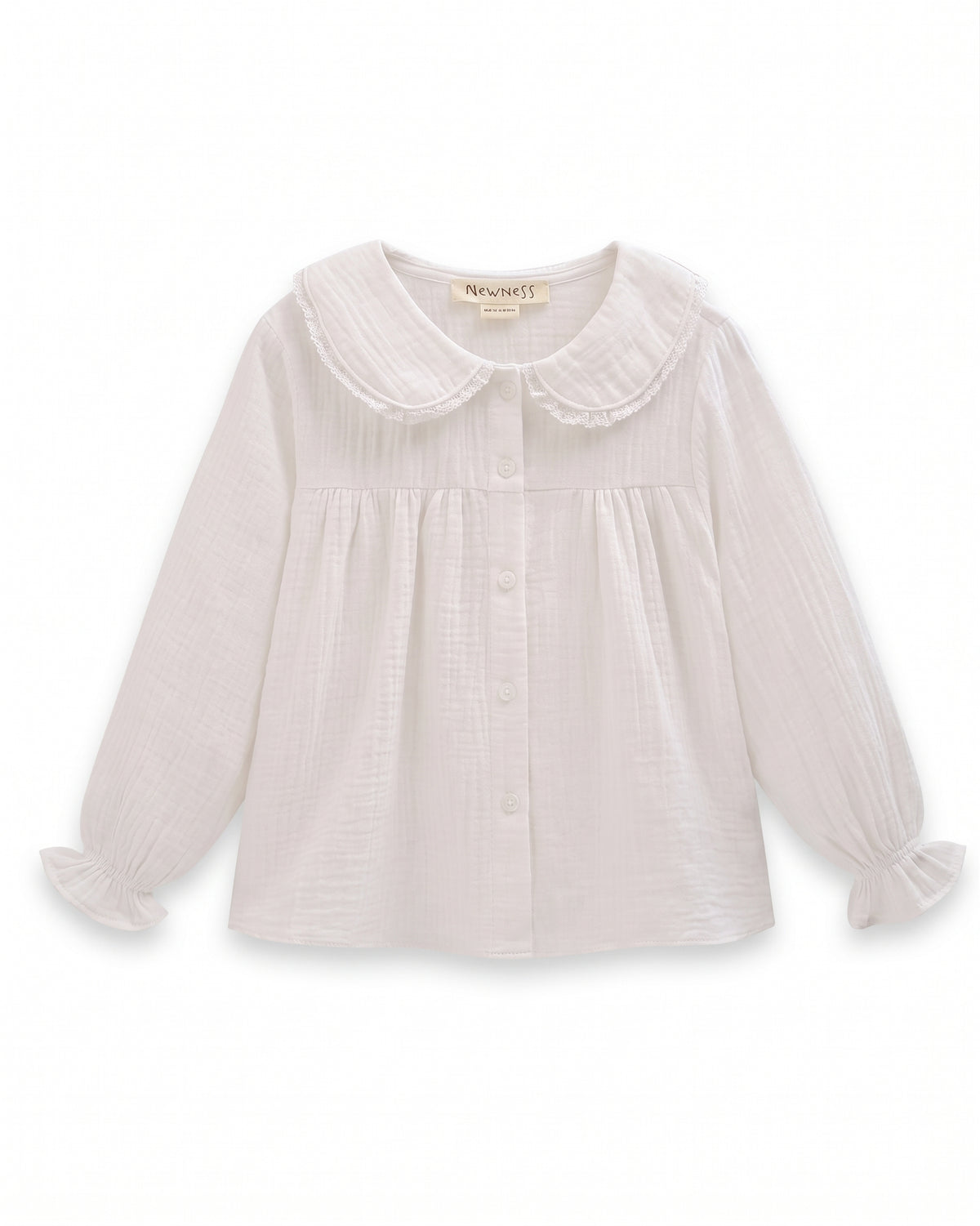 Blusa manga larga cuello bobo puntilla blanca niña.