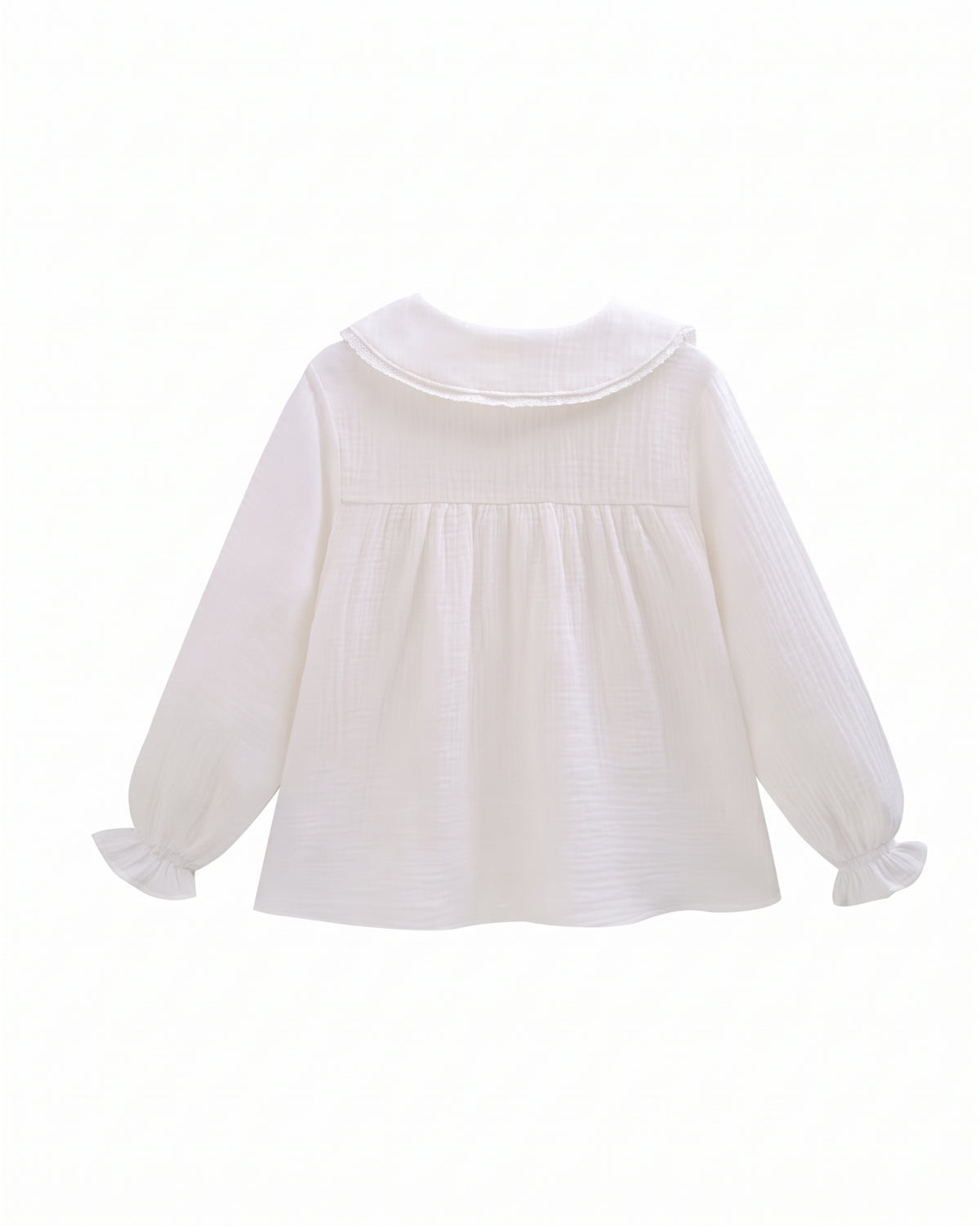 Blusa manga larga cuello bobo puntilla blanca niña.
