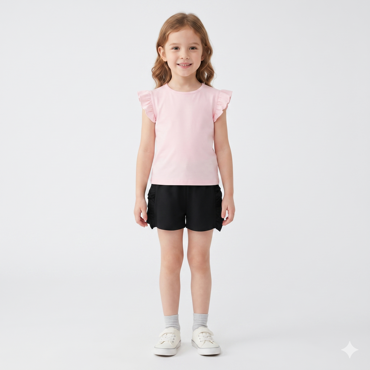 Camiseta lisa algodón manga corta con volantes niña.