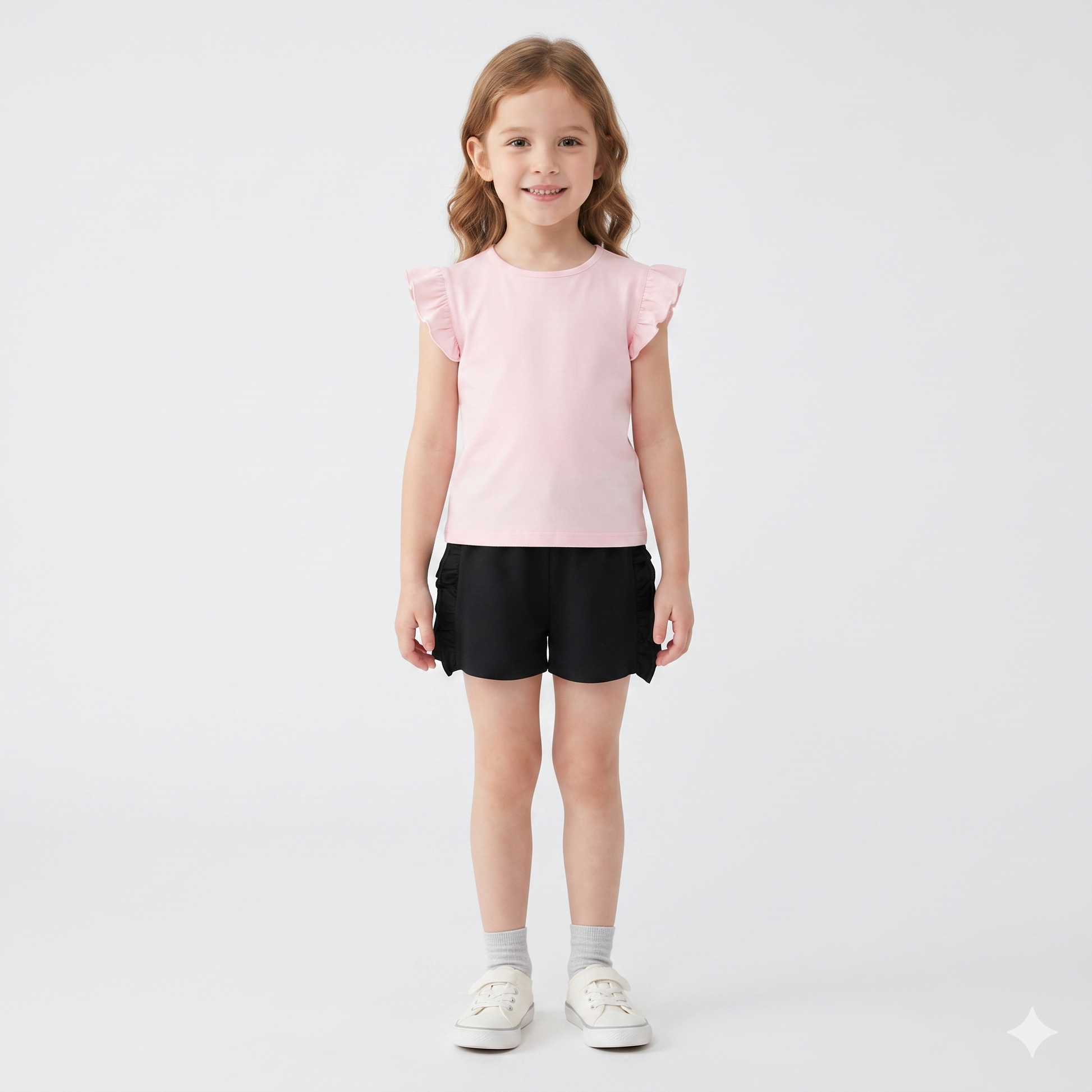 Camiseta lisa algodón manga corta con volantes niña.