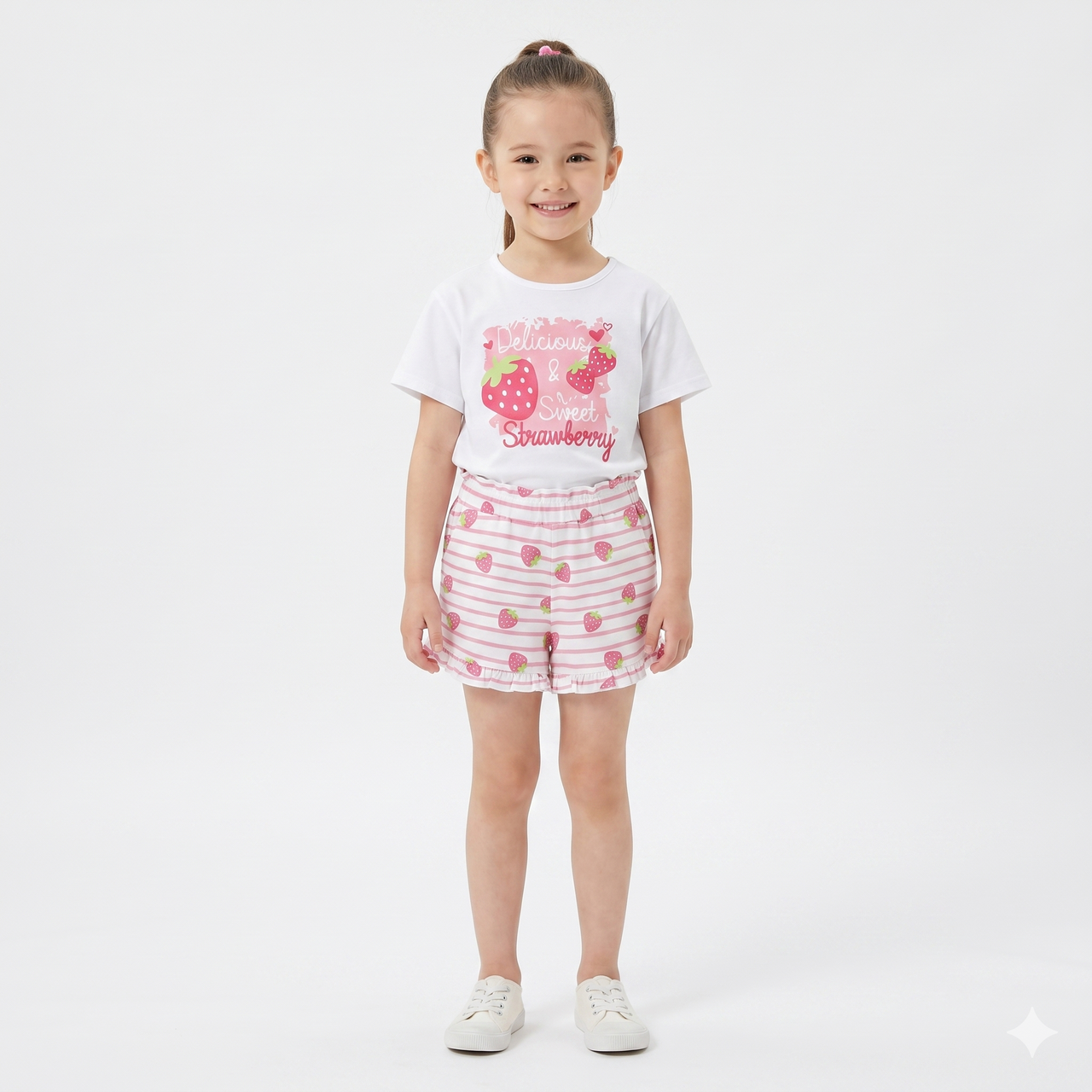 Pantalón corto de niña con volantes y fresas.