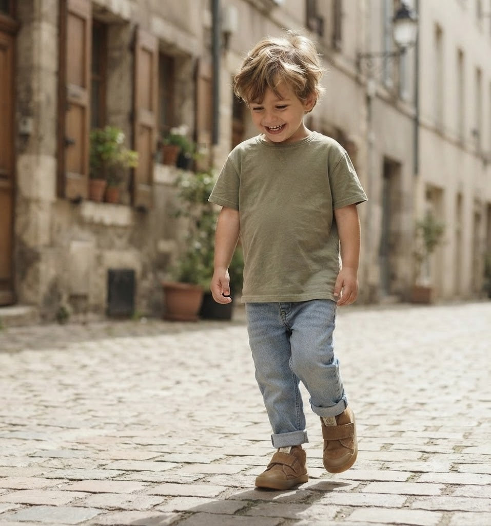 Botines barefoot para niño con suela caramelo