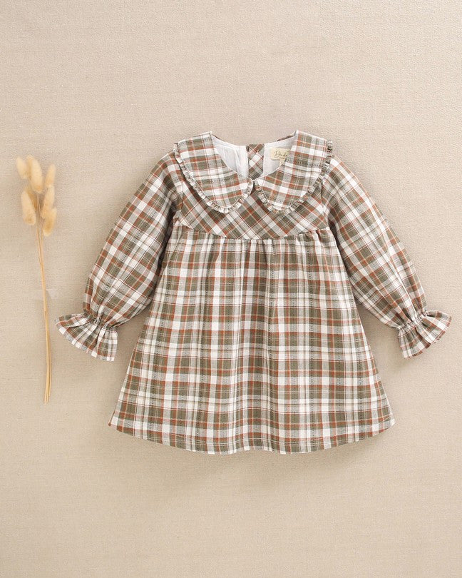 Vestido De Bebé Niña De Cuadros Marrón Y Verde