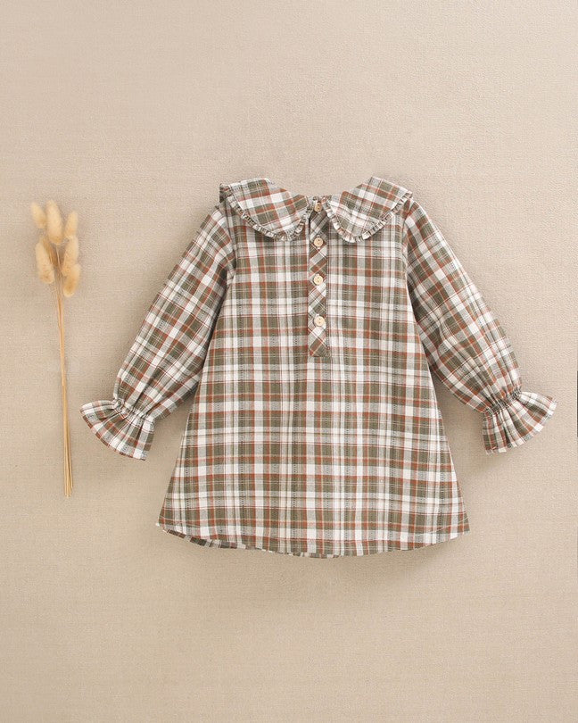 Vestido De Bebé Niña De Cuadros Marrón Y Verde