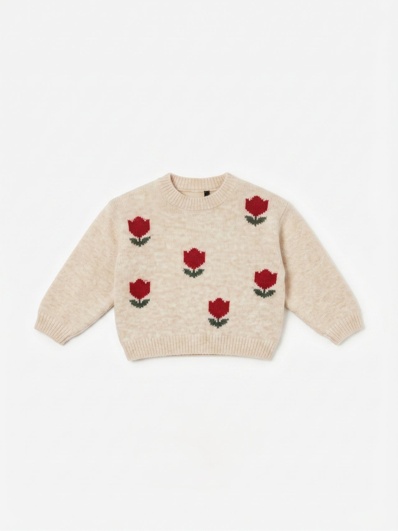 Jersey de punto beige con tulipanes, bebé niña.