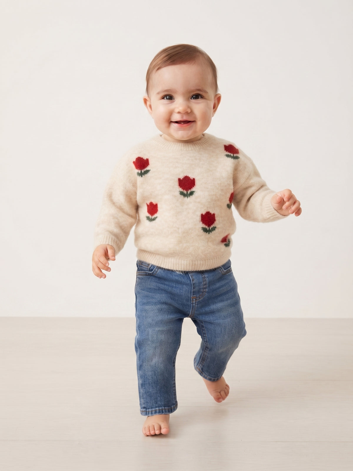 Jersey de punto beige con tulipanes, bebé niña.