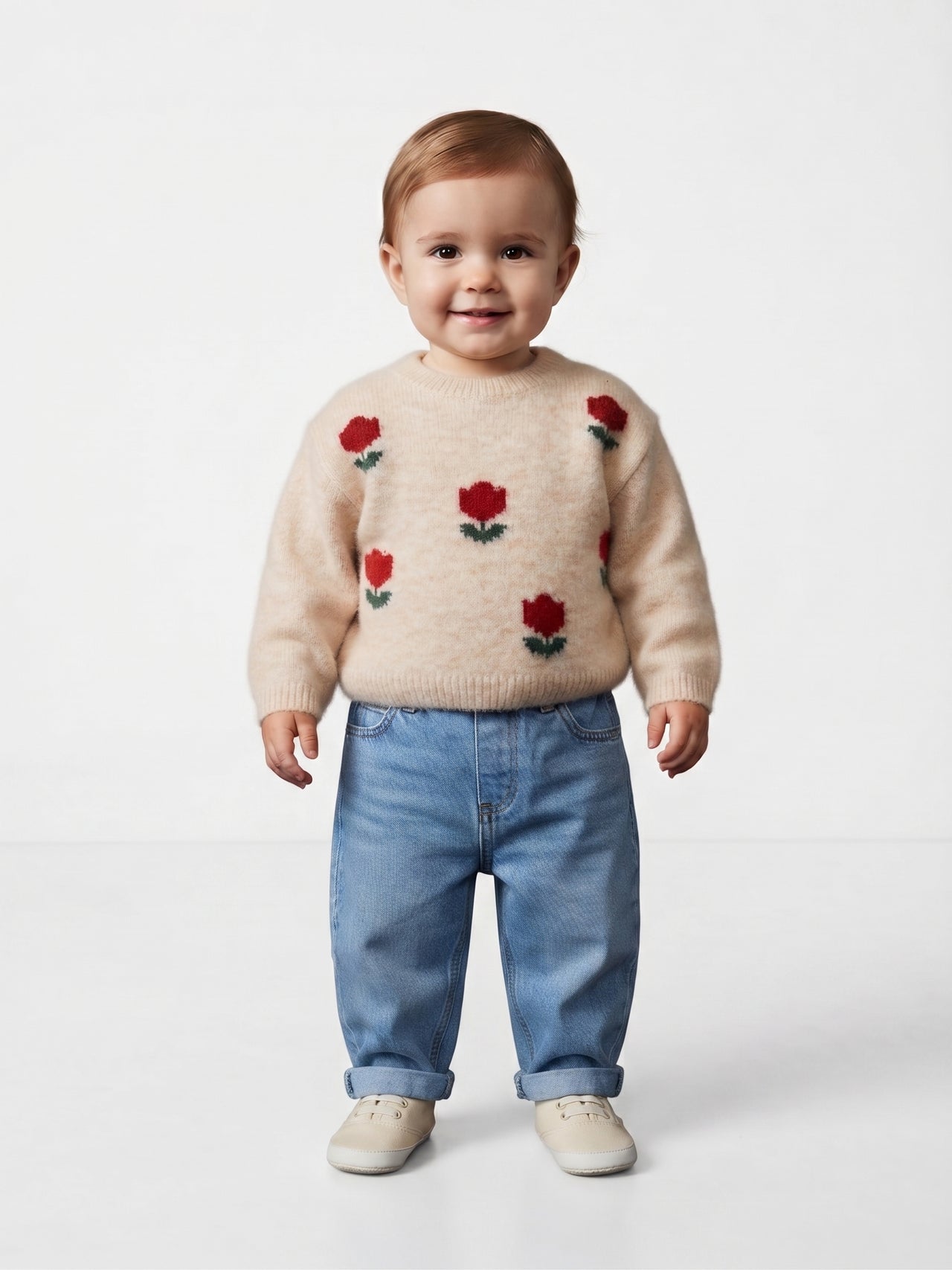 Jersey de punto beige con tulipanes, bebé niña.