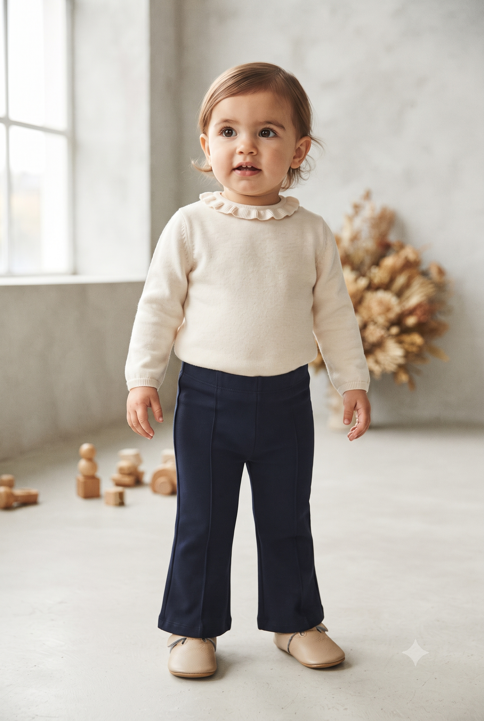 Pantalón de punto roma con costura central, acampanado, bebé niña.