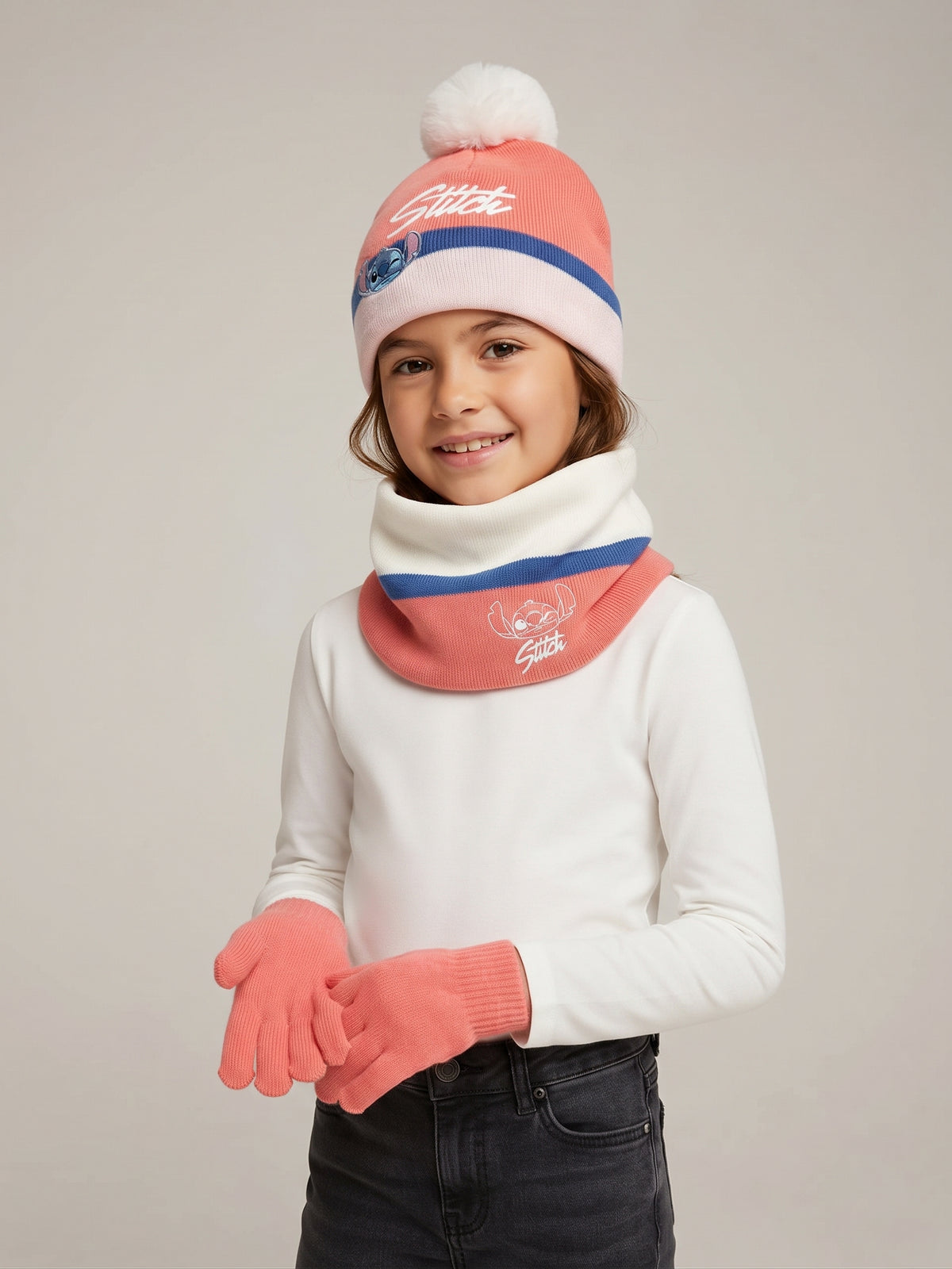 Conjunto braga cuello y guantes Lilo & Stitch rosa niña