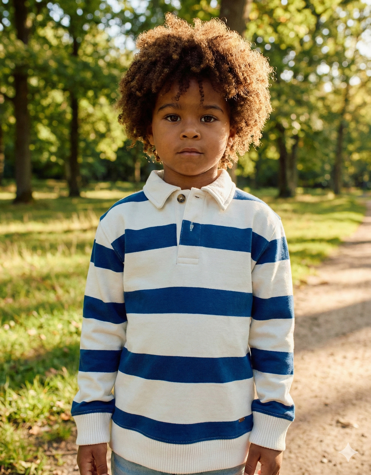 Polo de Rayas  de Manga Larga en Azul y Crema para Niño