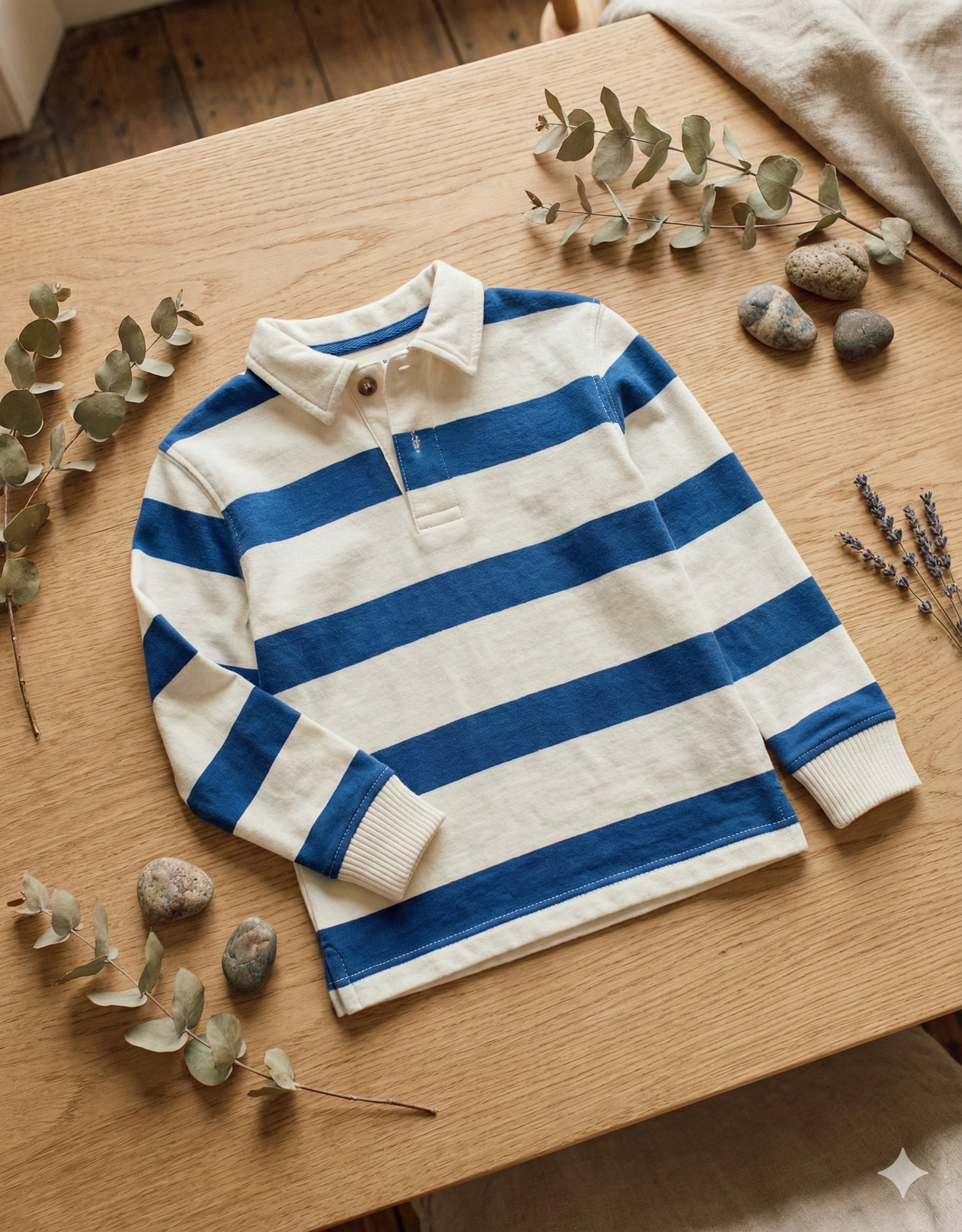 Polo de Rayas  de Manga Larga en Azul y Crema para Niño