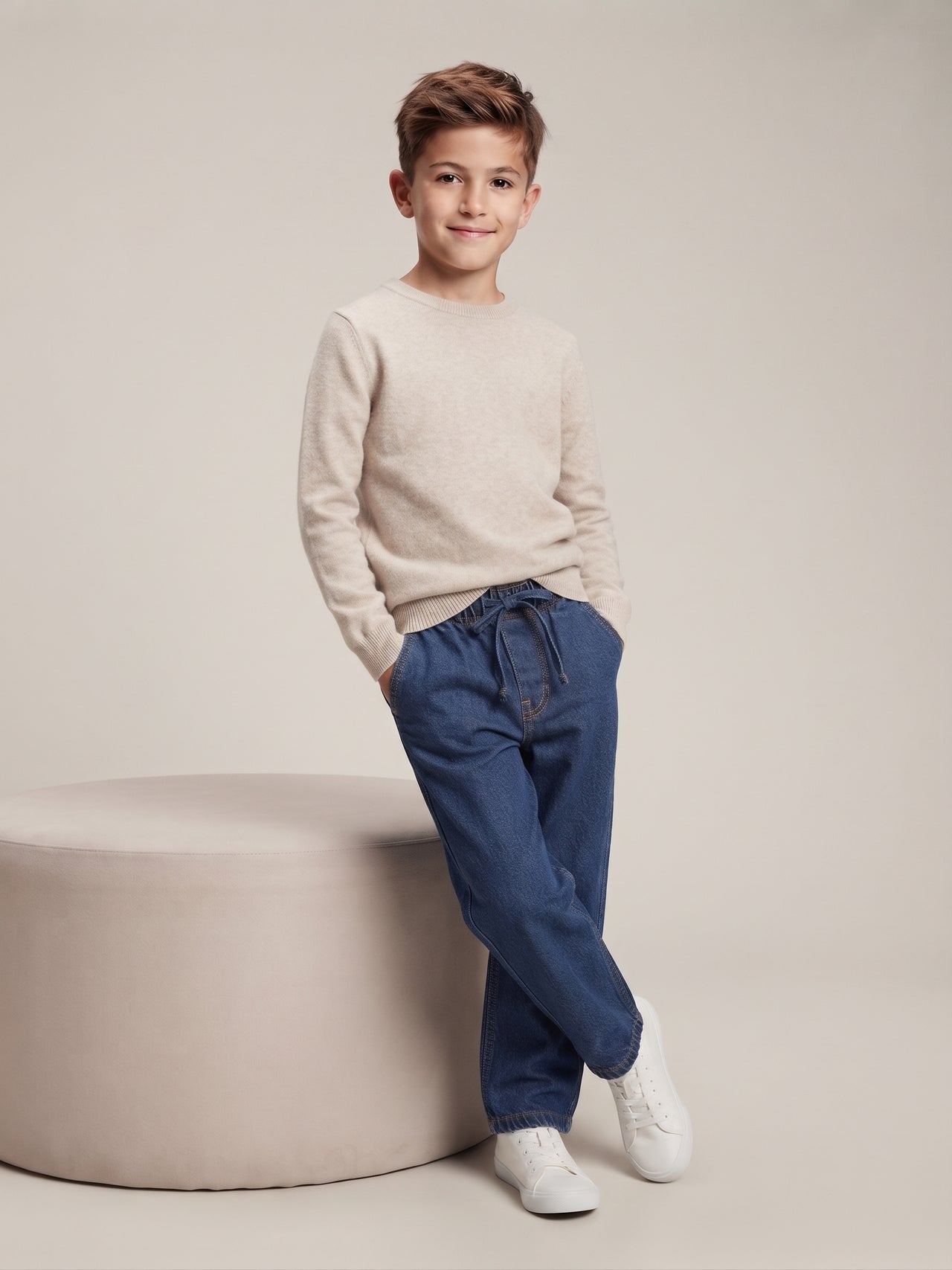 Pantalón vaquero con cintura elástica y cordón ajustable, azul, niño.