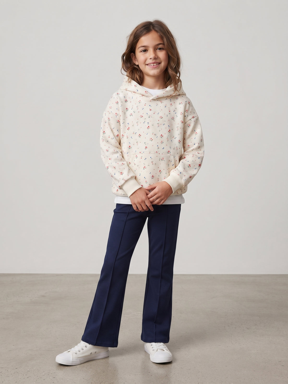 Sudadera con capucha de felpa, estampado floral, niña.