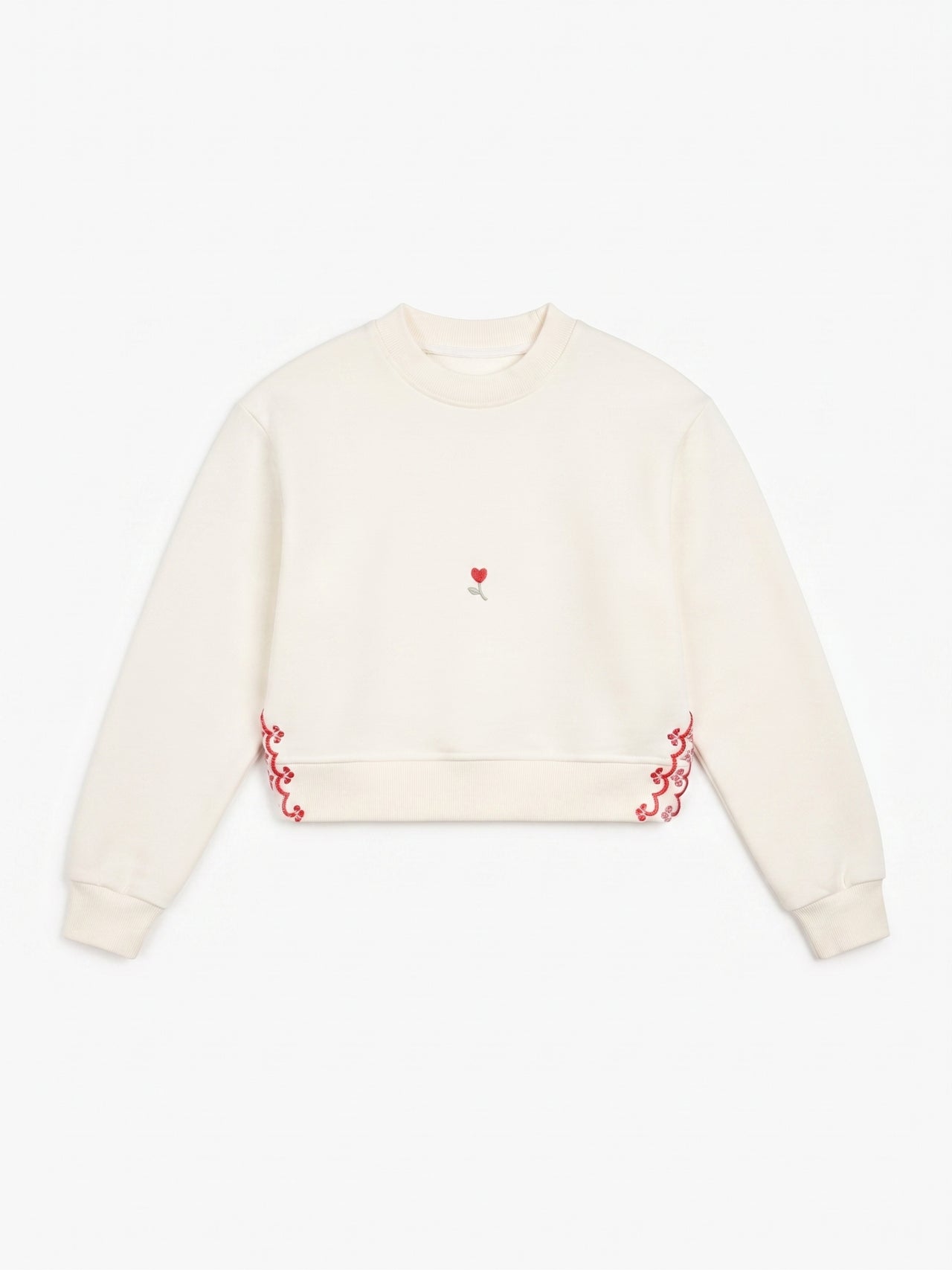 Sudadera de felpa sin capucha beige con bordados en rojo, niña.