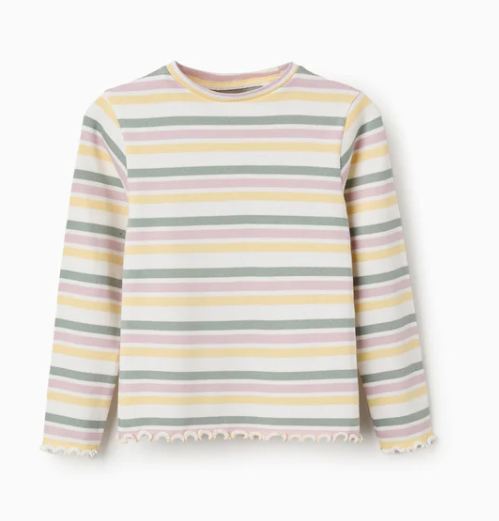 Camiseta de manga larga de canalé rayas, niña.