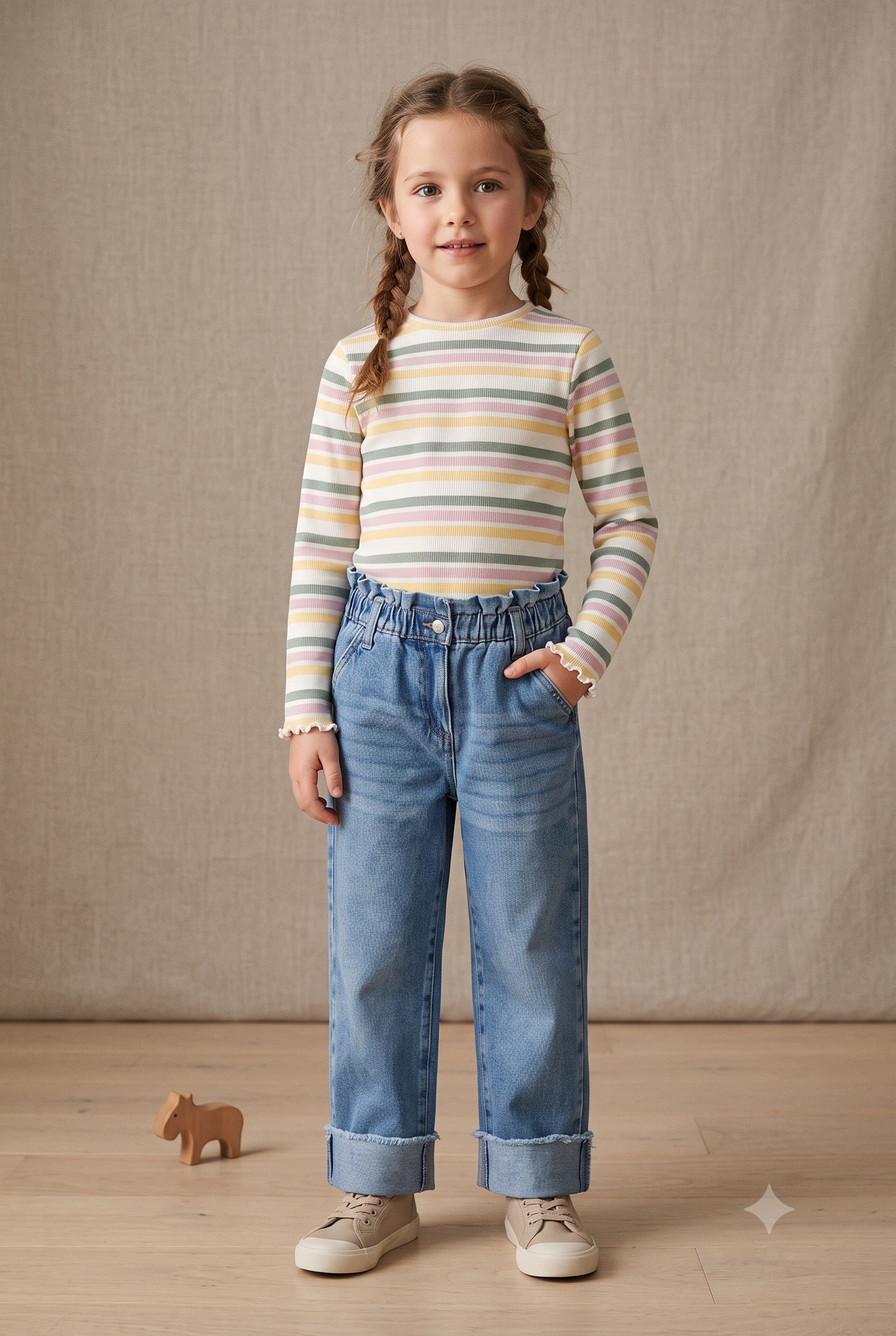 Pantalón vaquero estilo paperbag con bajos doblados, niña.