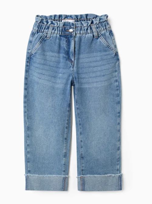 Pantalón vaquero estilo paperbag con bajos doblados, niña.
