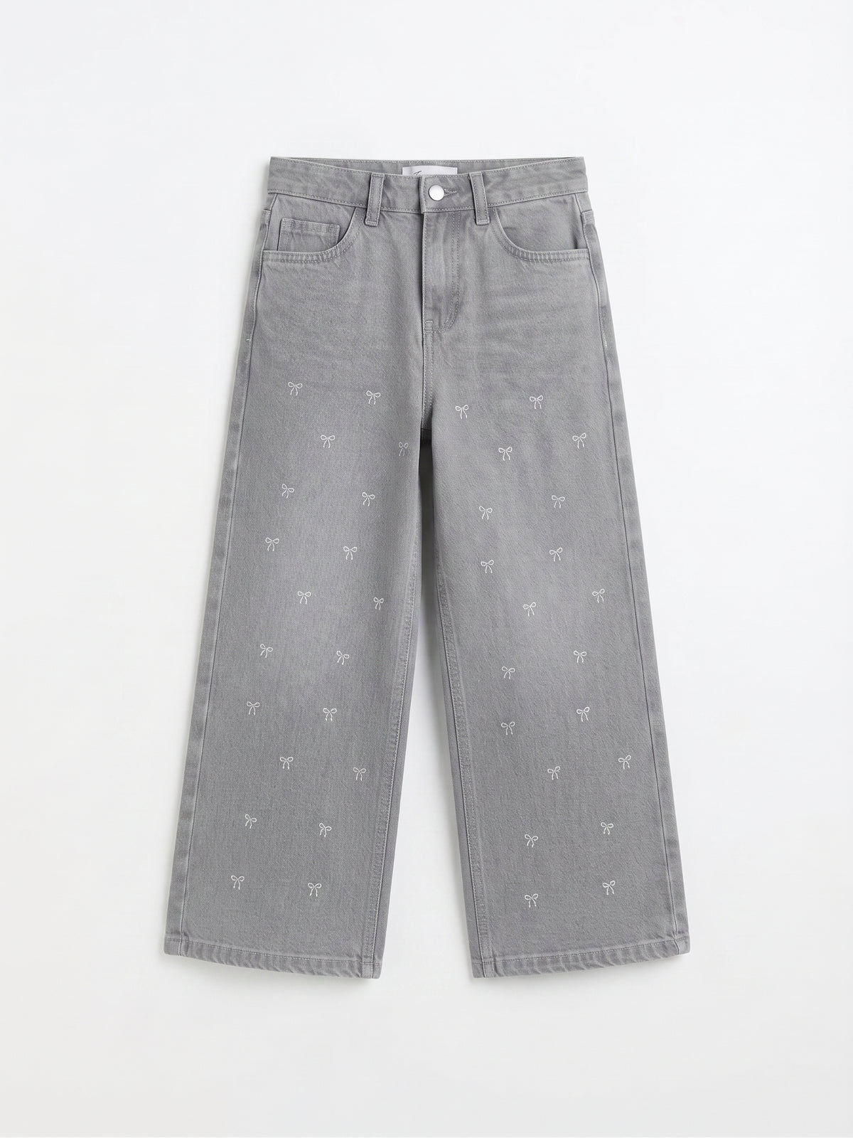 Pantalón vaquero gris con brillos de pata ancha, niña.